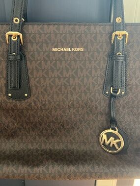 Michael Kors Brown Tote with Black Straps and Gold Hardware